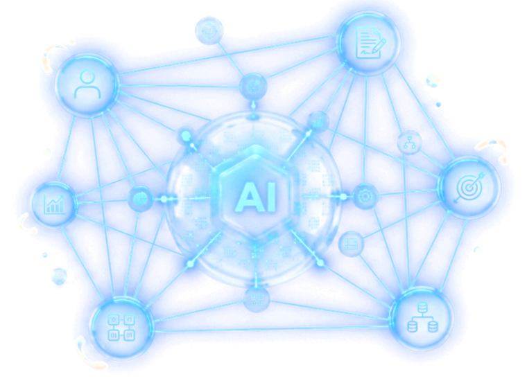 A network of service nodes connected to a central intelligence core.